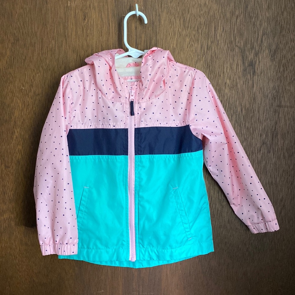 Pink, teal and polka dot wind breaker/rain shell, 4T